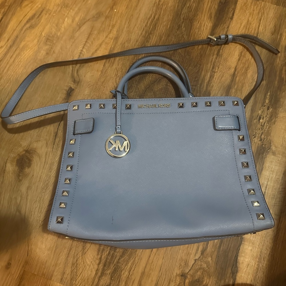 Michael Kors Powder Blue Studded Leather Satchel with MK Charm